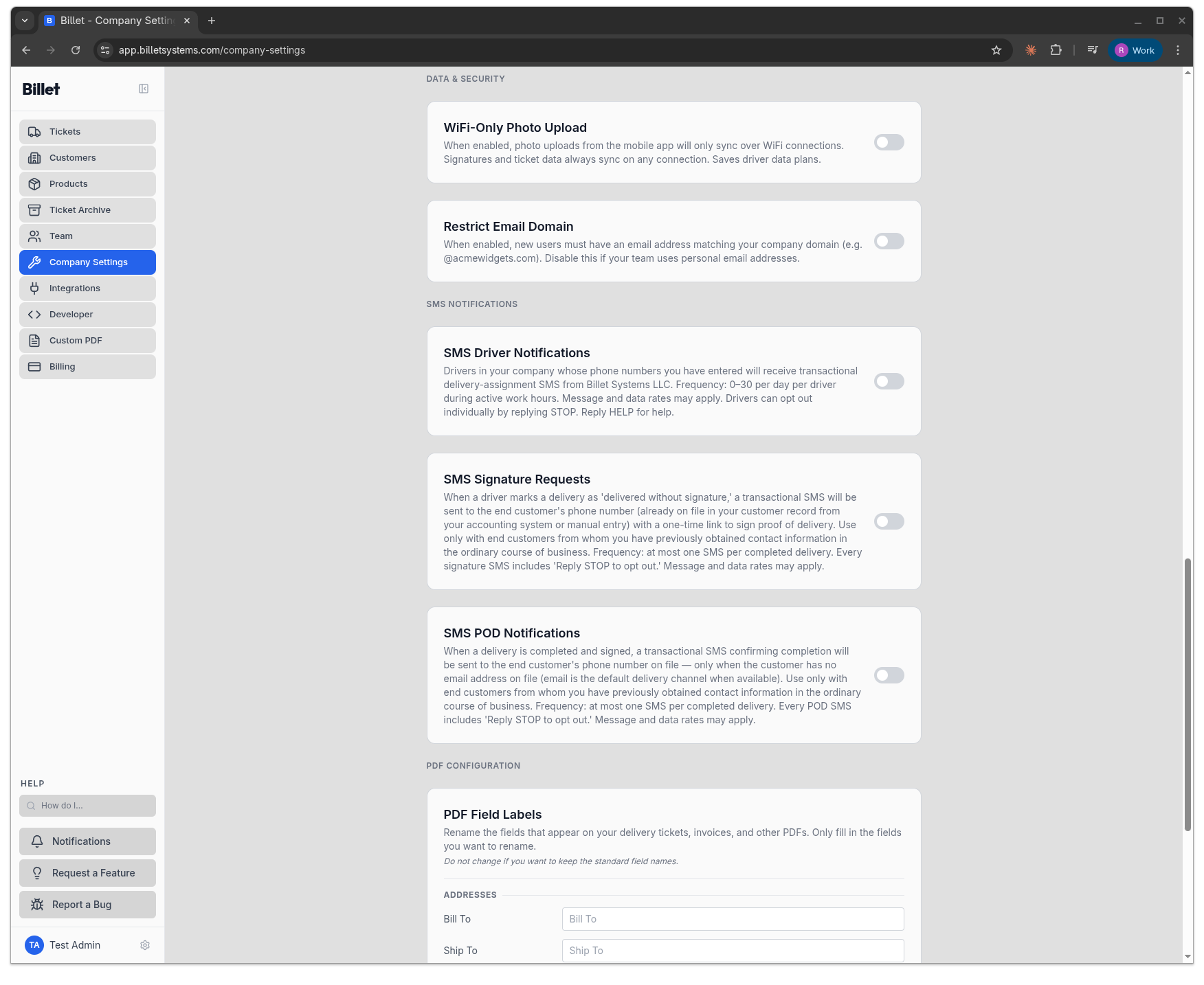 Company Settings page showing the SMS Driver Notifications toggle in the off state with the company-level consent disclosure.
