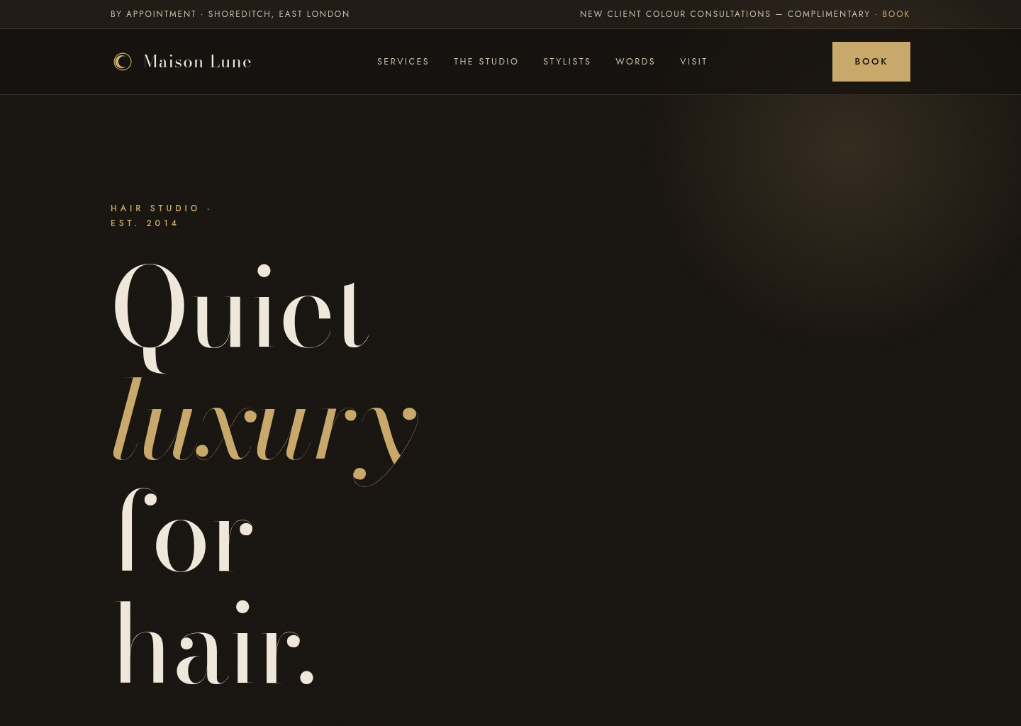 Sample website Billet built for a hair studio, dark, editorial, upmarket design.
